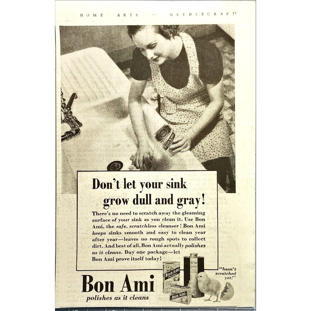 Bon Ami Powder Cleaner "Don't let your sink grow dull & Gray" Vtg Print Ad 1939